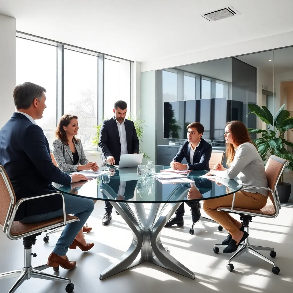 Financieel team analyseert prognosegegevens op groot scherm in modern kantoor